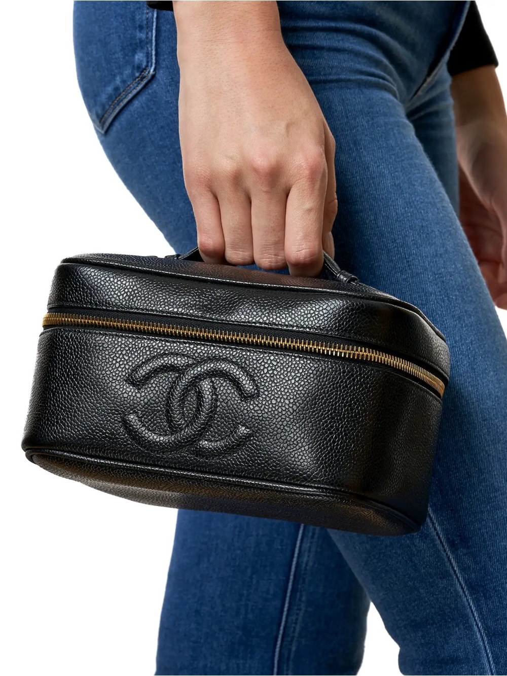 EUC Vintage CHANEL Black Caviar Leather CC Vanity Case Bag